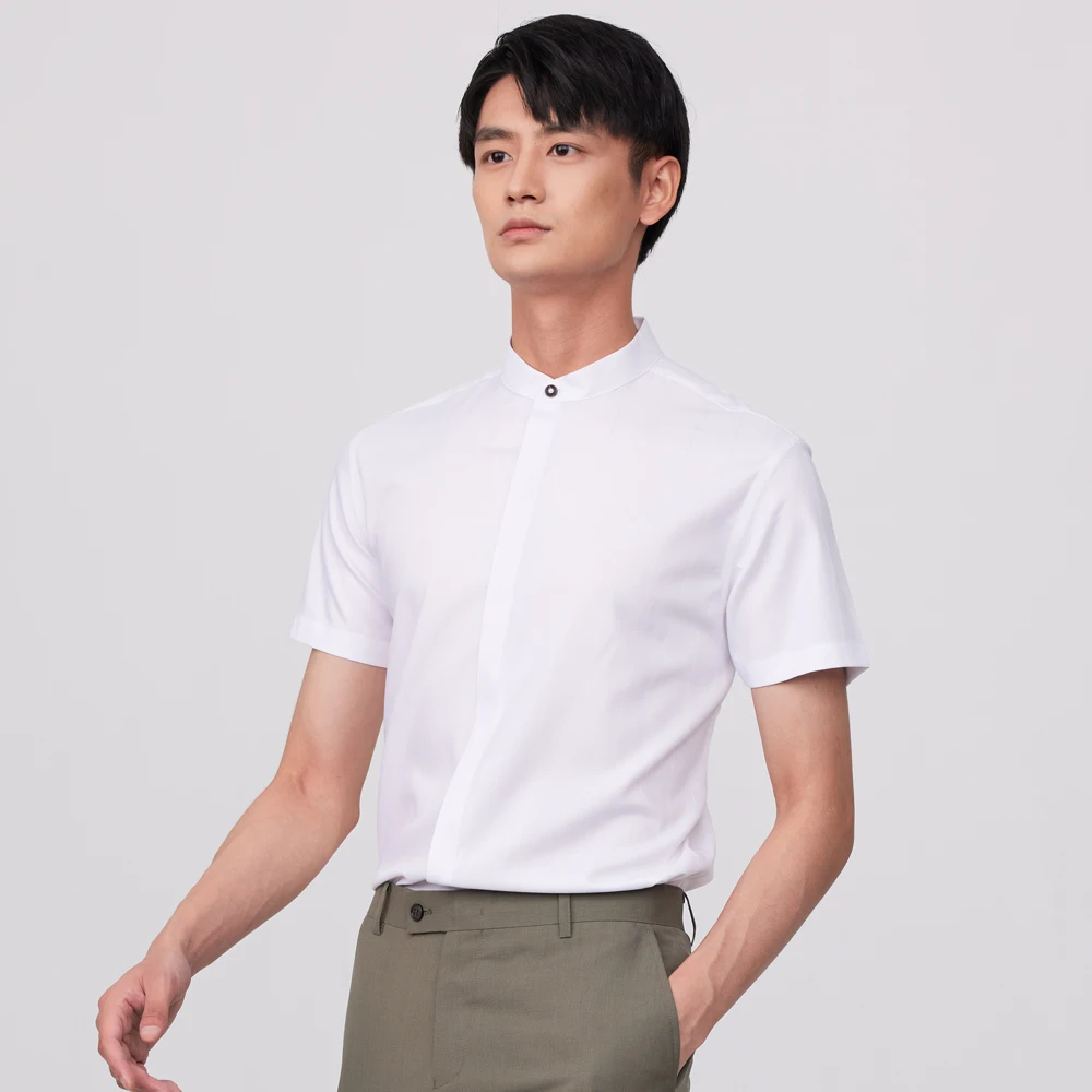 

Men's Summer Casual Mandarin Collar Dress Shirts Without Pocket Wrinkle Free Hidden Buttons Placket Short Sleeve White Shirt