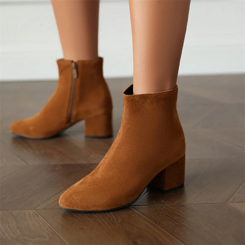 

YMECHIC 2022 Autumn Rome Ankle Boots Women Thick High Heels Pointed Toe Black Brown Flock Leather Shoes for Lady Plus Size 44 45