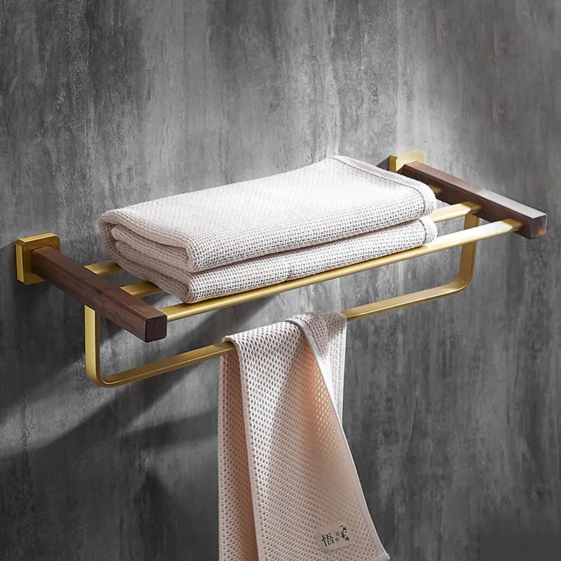 

Solid Wood Towel Rack Brushed Gold Bathroom Towel Bar Hanging Rack Light Luxury Bathroom Walnut Bath Towel Rack Shelving