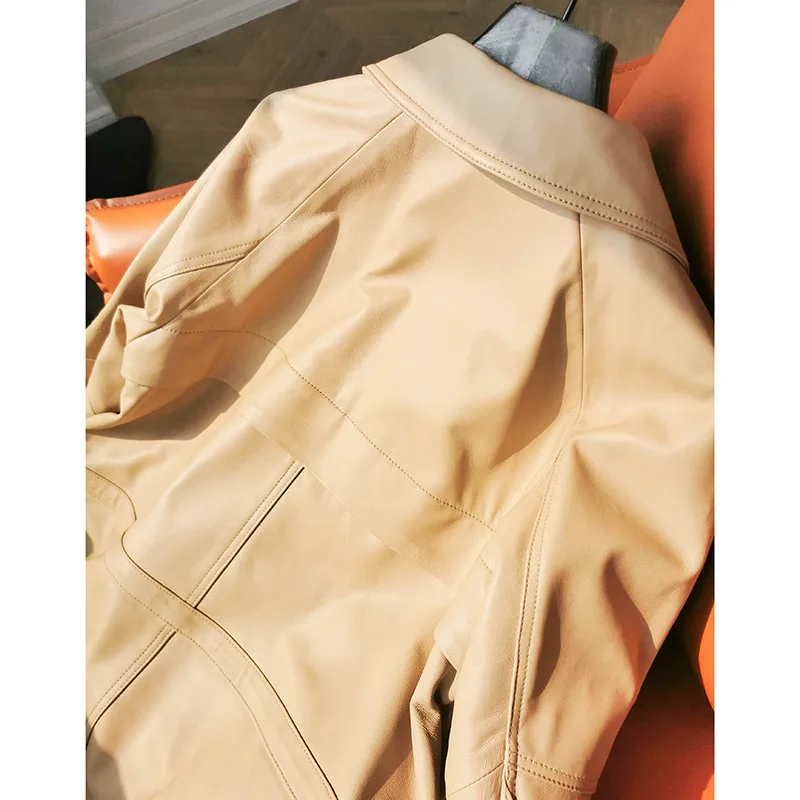 2022 New Spring and Autumn Waist Mid-length Leather Coat Genuine Real Sheepskin Leather Jacket W4