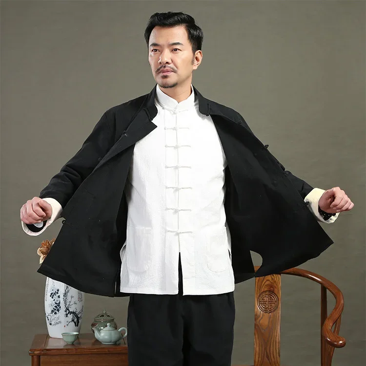 

3pcs Traditional Chinese Clothing for Men Solid Linen Kung Fu Tai Chi Uniform Retro Plus Size Casual Long Sleeve Hanfu Tang Suit