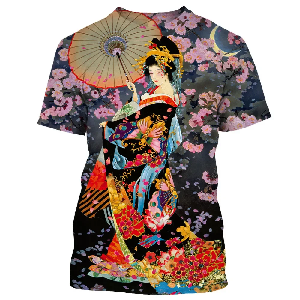 

2024 Summer Fashion Japanese Geisha Samurai Cool Men Casual Hip Hop Streetwear 3D Printed Color Painting Short Sleeve Tees