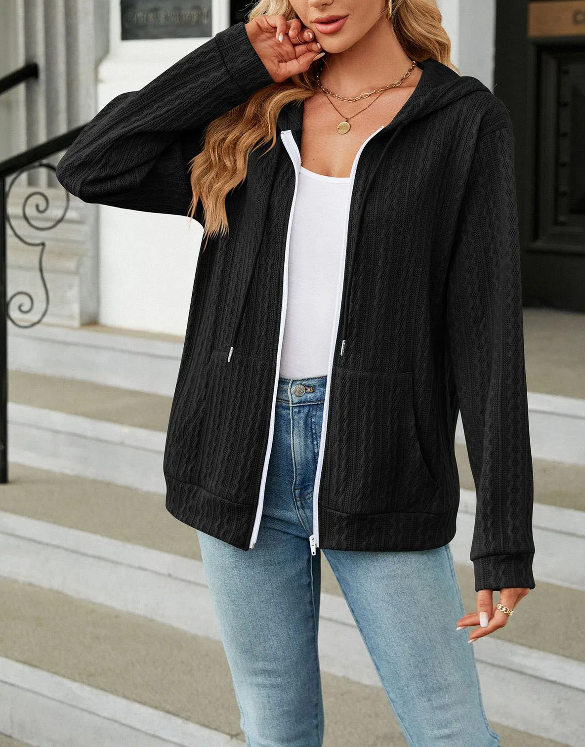 Autumn and Winter New Solid Color Long-sleeved Hooded Zipper Loose Jacket Sweater Female