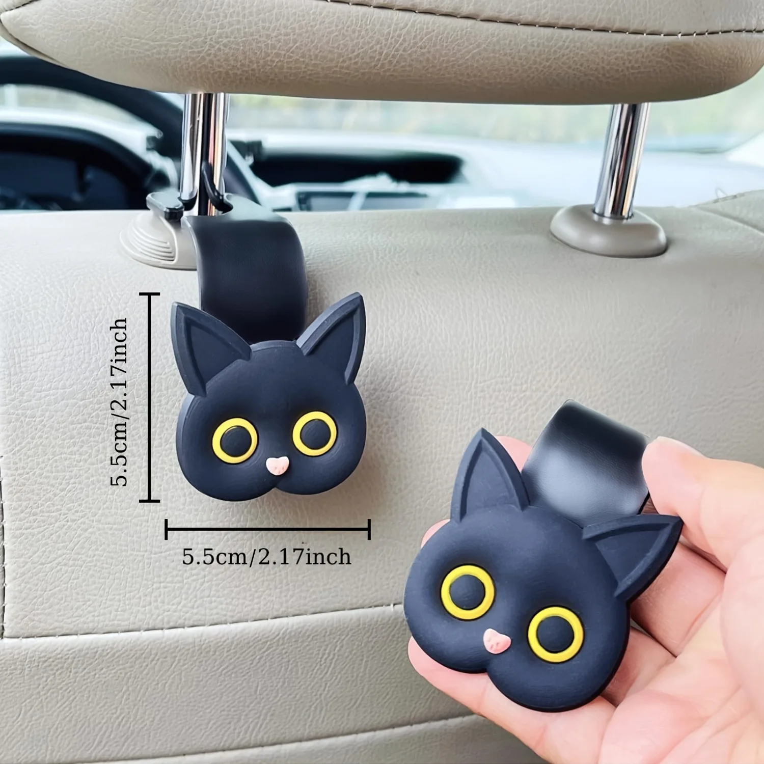 2-Piece 3D Cute Cat Car Headrest Hooks - Universal No-Scratch Hanger for Purses & Coats, Backseat Organization Accessory