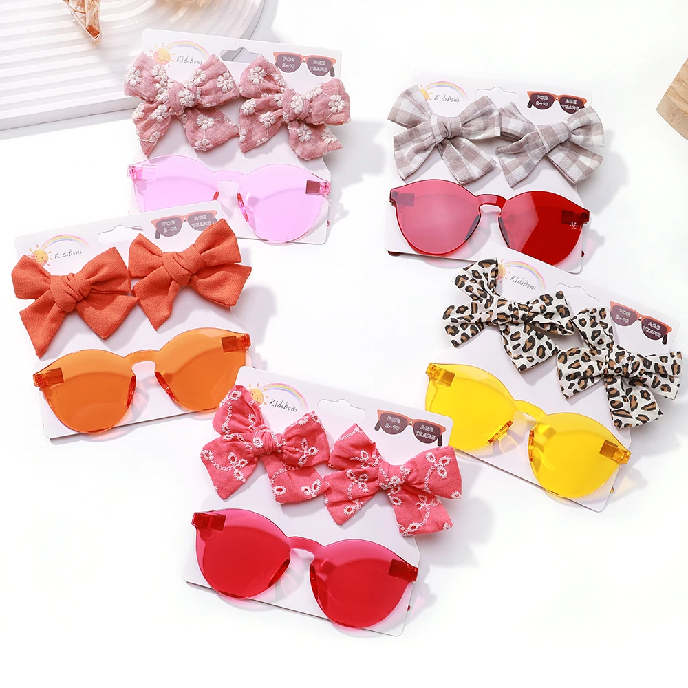 3Pcs/Set Lace Embroidered Bow Hairpins Sunglasses Set for Girls Vintage Protective Glasses Cotton Headwear Baby Hair Accessories 3pcs set for kidsartificial flower hairpins sunglasses set girls vintage geometry protective glasses headwear hair accessories