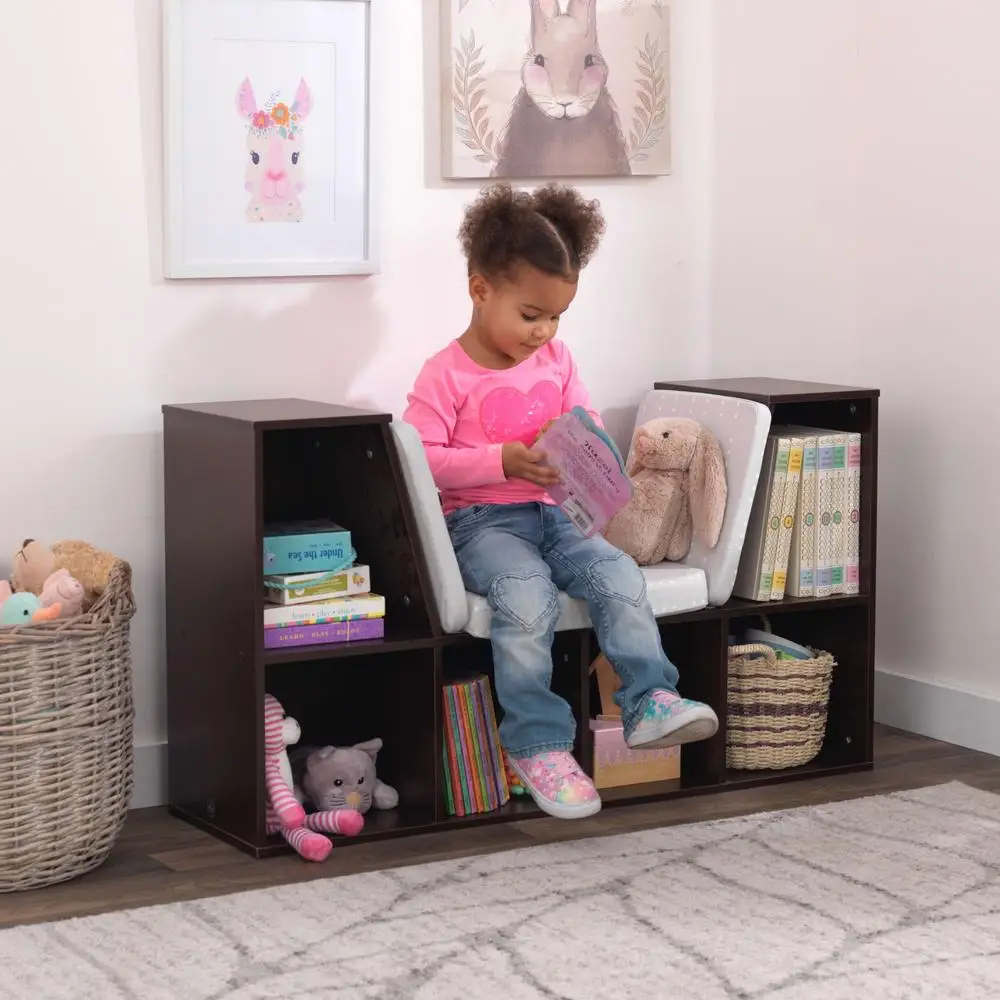 Wooden Bookcase Kids with Reading Nook 6 Shelves Cushioned Seating Storage Solution Ideal Playroom Organization 3