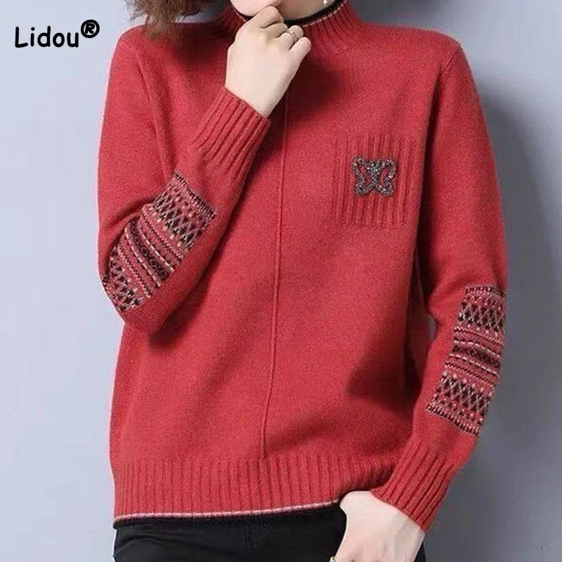 

Fashion All-match Thickening Half High Collar Sweaters Solid Color Patchwork Knitted Pullovers Autumn Winter Women's Clothing
