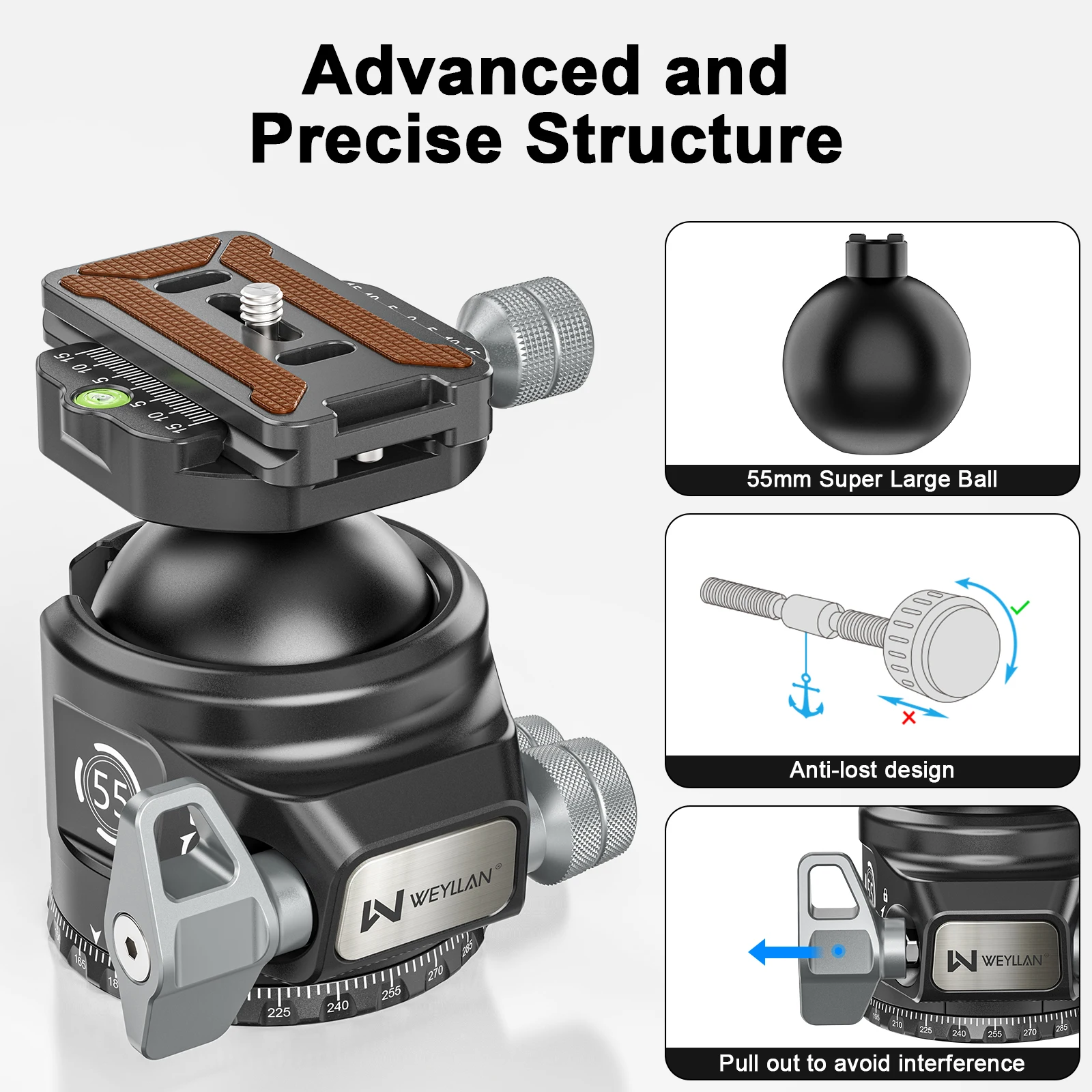 KH55 55mm Low Profile Ball Head Closed-Body Heavy Duty Tripod Head With Mlok Arc