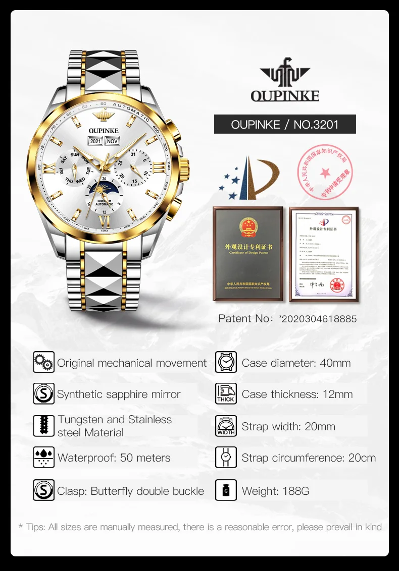 OUPINKE 3201 Moon Phase Watch For Men Waterproof Date Male Automatic Mechanical Man Wristwatch Luxury Brand Original Men's Watch