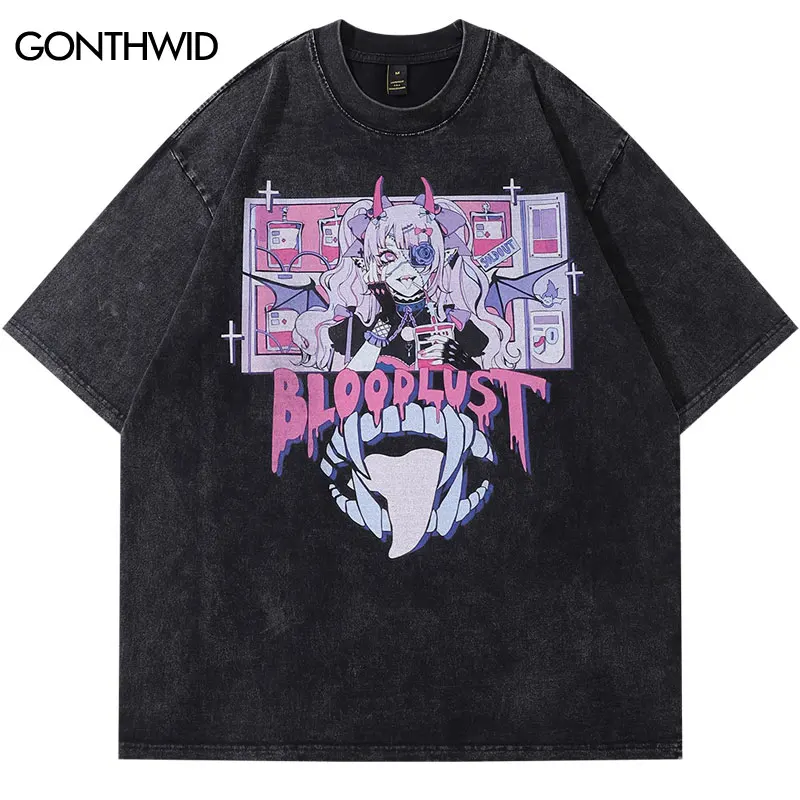 

Vintage Punk T-Shirt Hip Hop Japanese Anime Cartoon Devil Girl Teeth Graphic Print Washed Tshirt Harajuku Gothic Oversized Tops