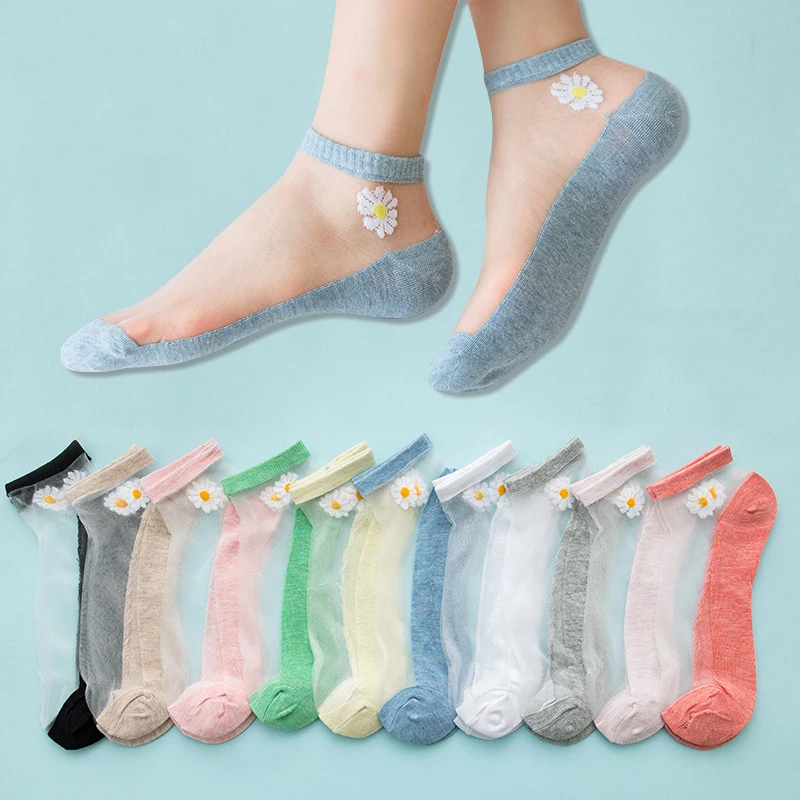 

5Pairs Summer Woman Silk Socks Ankle Lace Ultra-thin Girl’s Transparent Glass Fiber Fashion Daisy Flower Harajuku Cute Style New