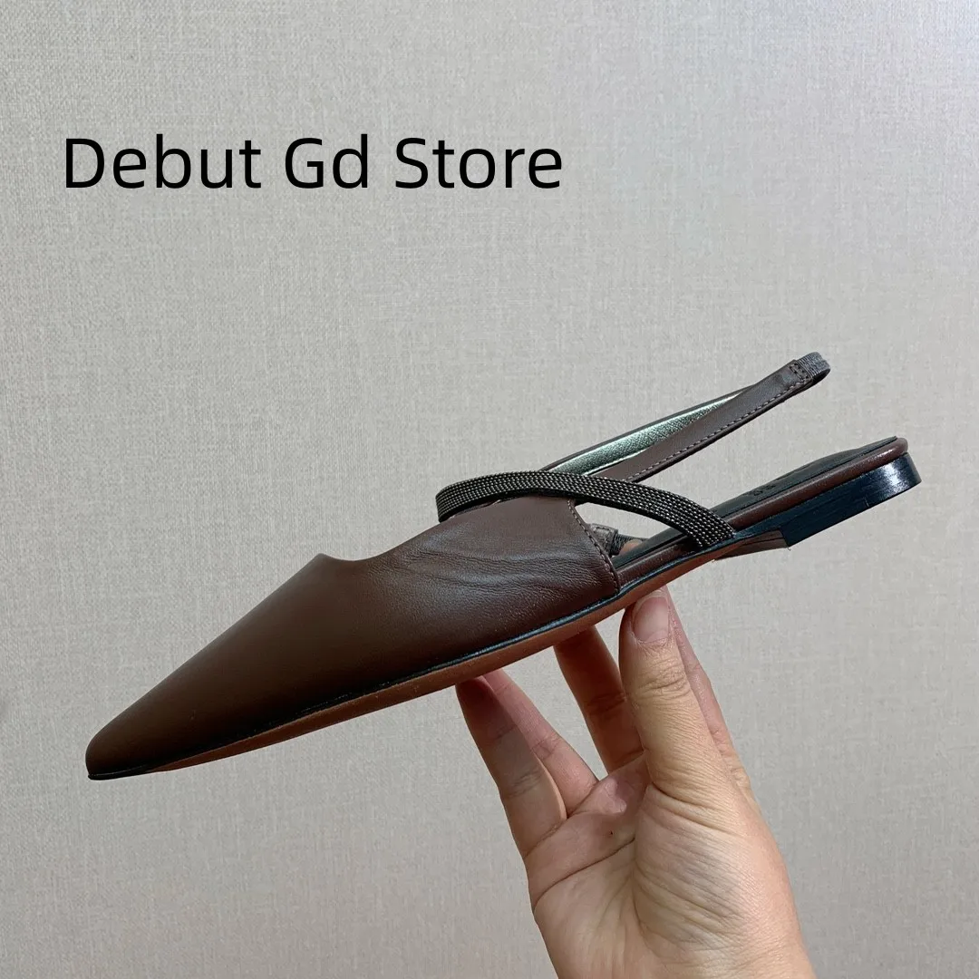 2024 New Summer Flat Shoes Women Pointed Toe Slingbacks Suede Leather String Bead Walk Shoes Woman Runway Sandals For Women