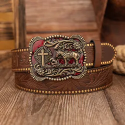 Vintage - Inspired Red Oil - Dripping Green Leaf Floral Embossed PU Leather Belt with Wrangler Buckle - 120cm (Brown (Bronze))