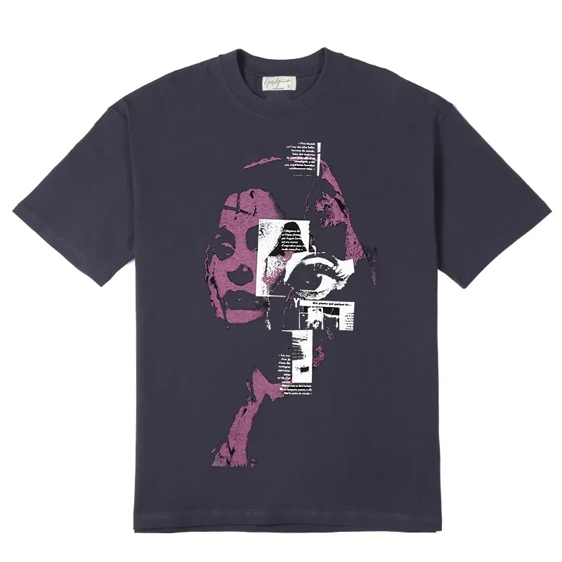 

Футболка Yohji Yamamoto женская с коротким рукавом, японская хлопковая тенниска с заплатками, повседневная майка с принтом лица в темноте, с круглым вырезом, лето