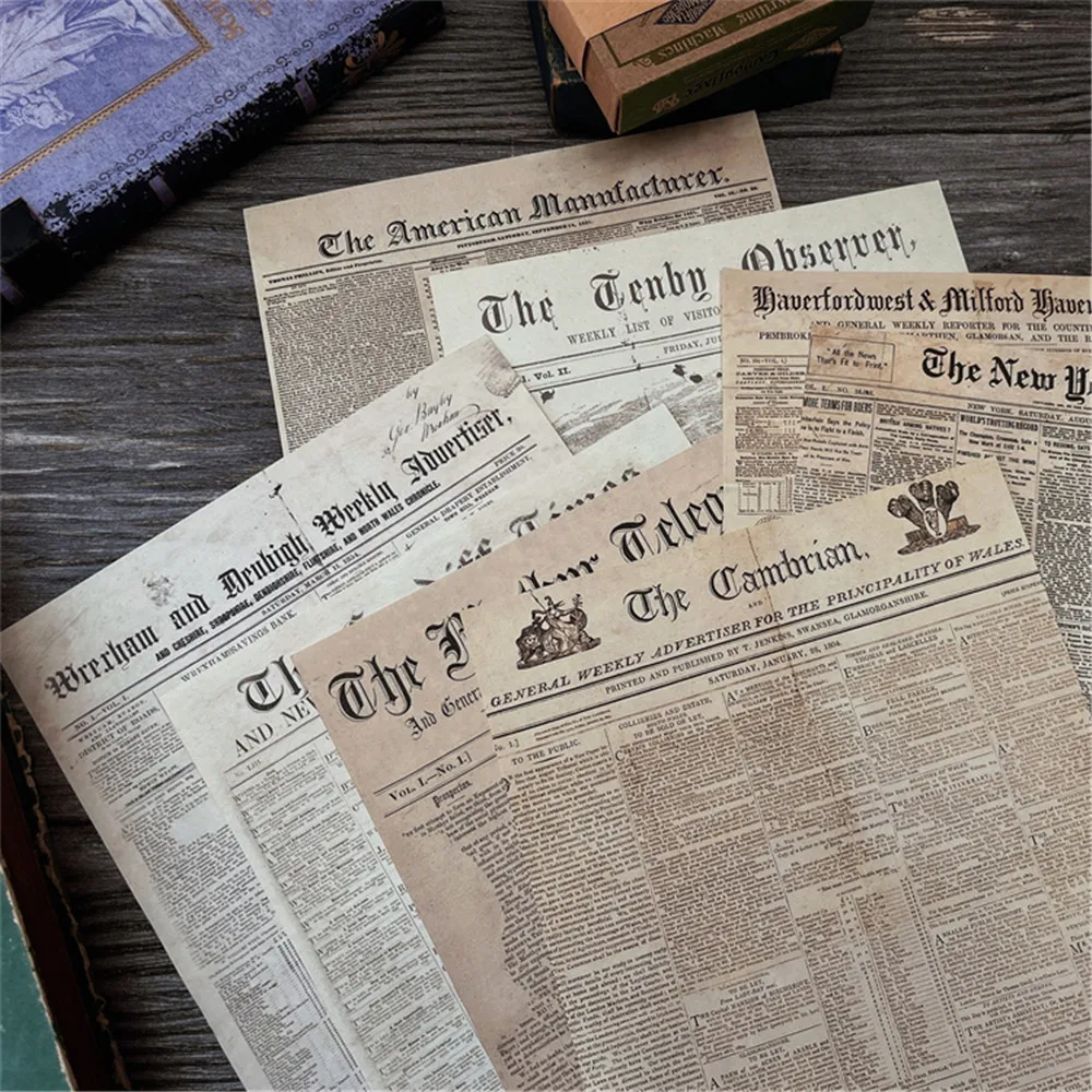 8 PCS A5 Junk Journal Big Size Retro English Newspaper Stickers DIY Scrapbooking Travel Diary Old Fashioned Decorative Paper