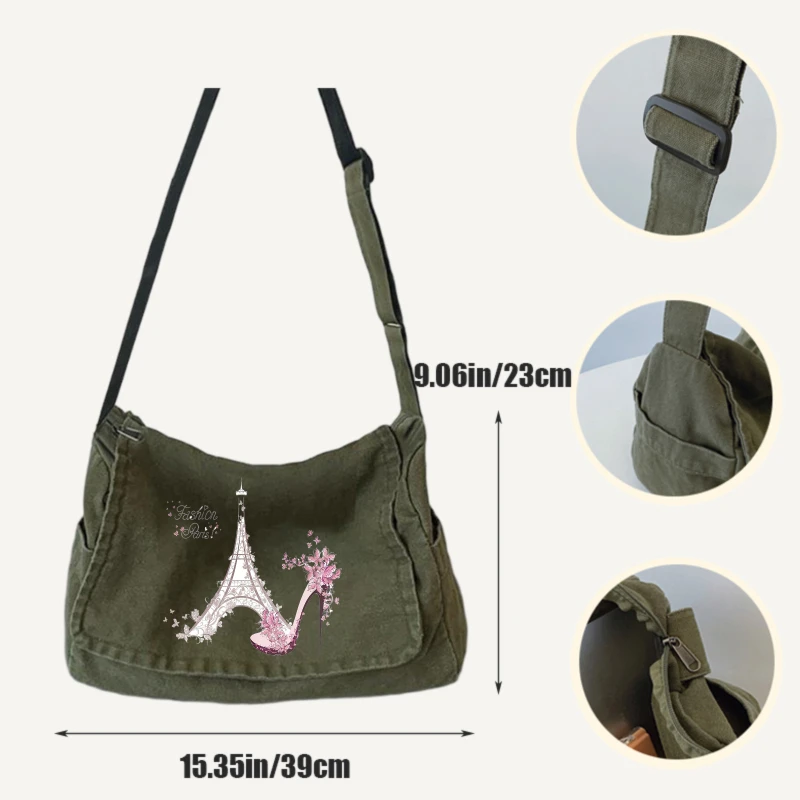 Fashion Women's Messenger Bag Canvas Paris Print Large Capacity Shoulder Bag for Travel Daily Use Crossbody Bag