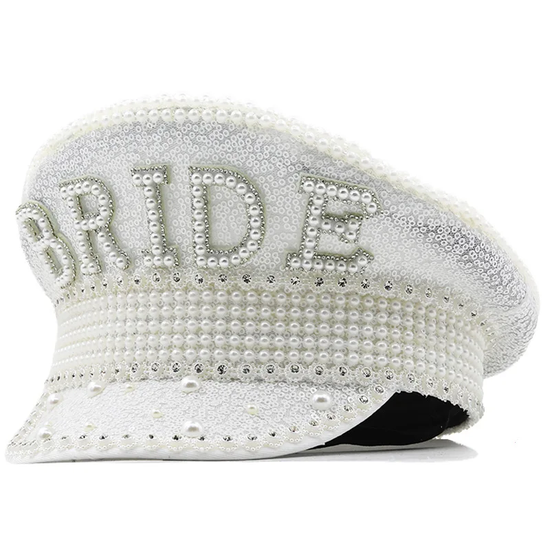 

Women Sequin Pearl Bride Military Hat Handmade Lace Rhinestone Sailor Captain Sergeant Hat Wedding Birthday Festival Party Hat