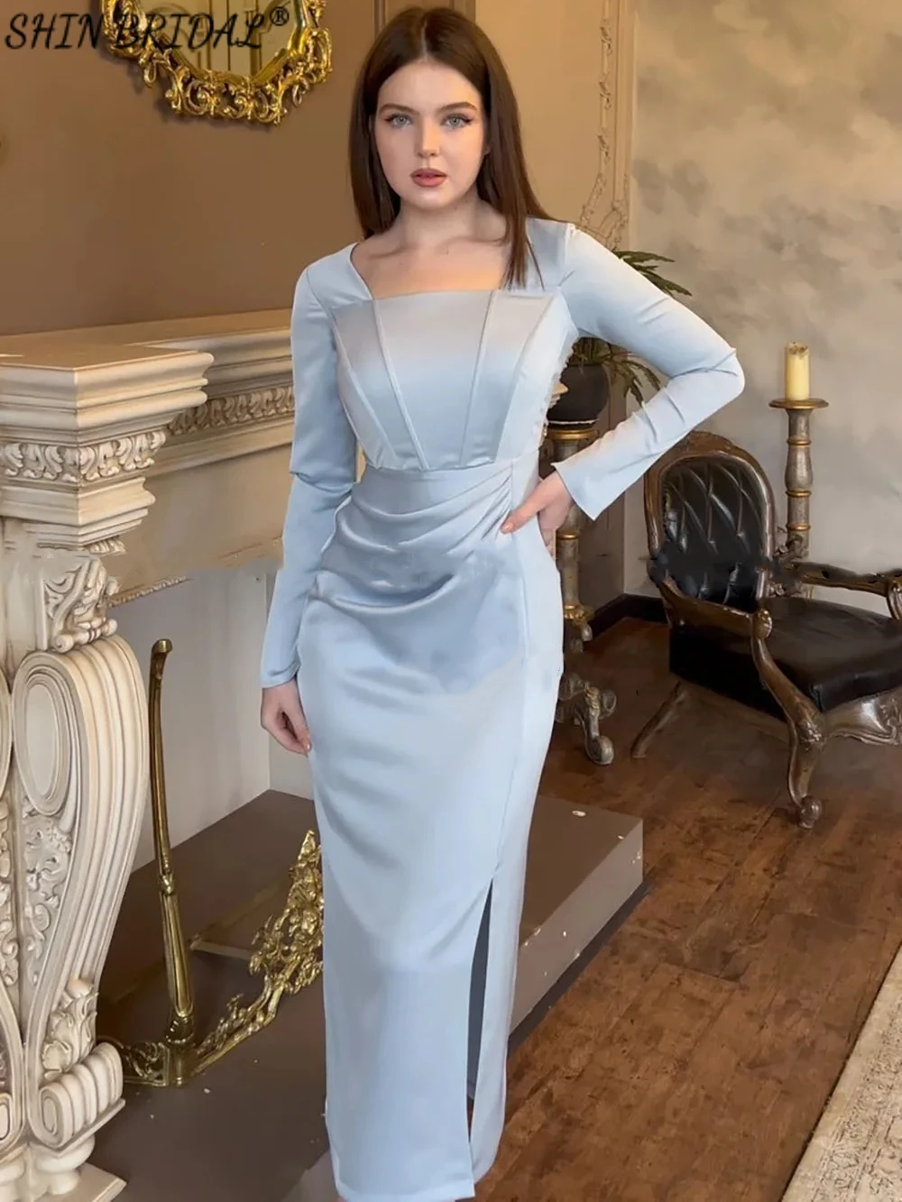 

SHIN BRIDAL Stain Square Collar Evening Dresses for Women Long Sleeves Prom Dresses Ankle-Length Backless Sexy Wedding Dresses