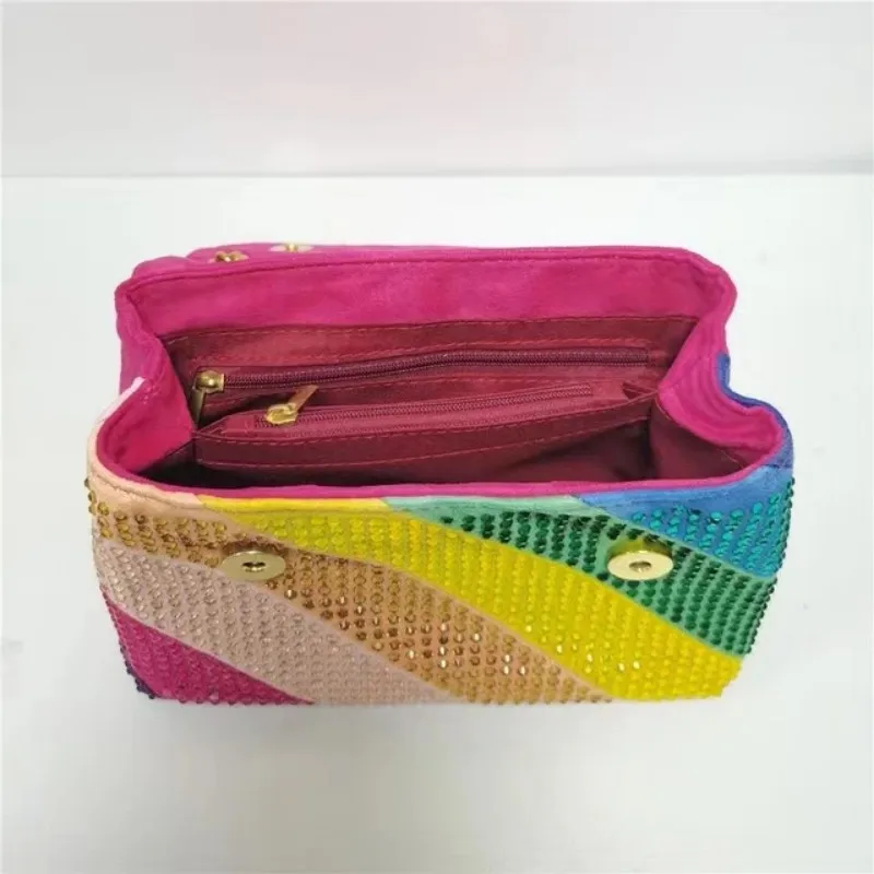 New Rainbow Patchwork Eagle Head Handbag Suede Diamond Women Purse Jointing Colorful Cross Body Bag