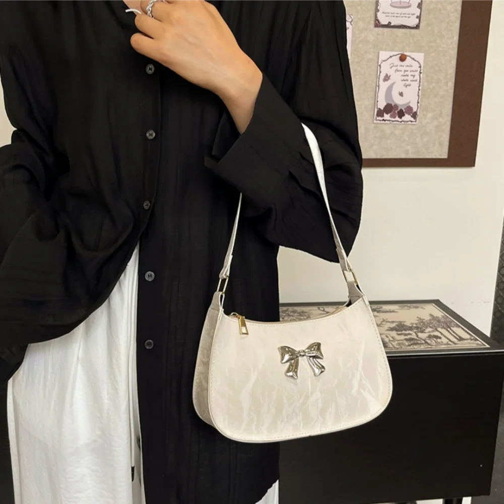 Trendy Korean Bowknot Armpit Bag Solid Color Y2k Bow Underarm Bag Sweet Pu Leather Women's Handbag Female bolsos de mujer 가방