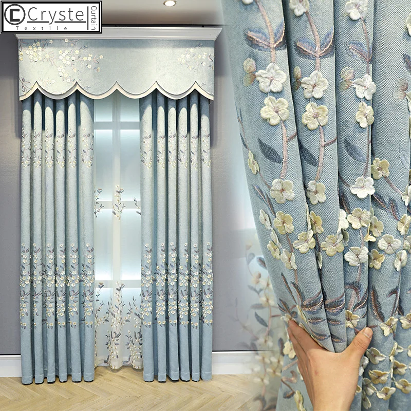 

European-style Curtains for Living Dining Room Bedroom Embossed Curtains Fresh Gray Blue Chenille Curtains Valance Curtains