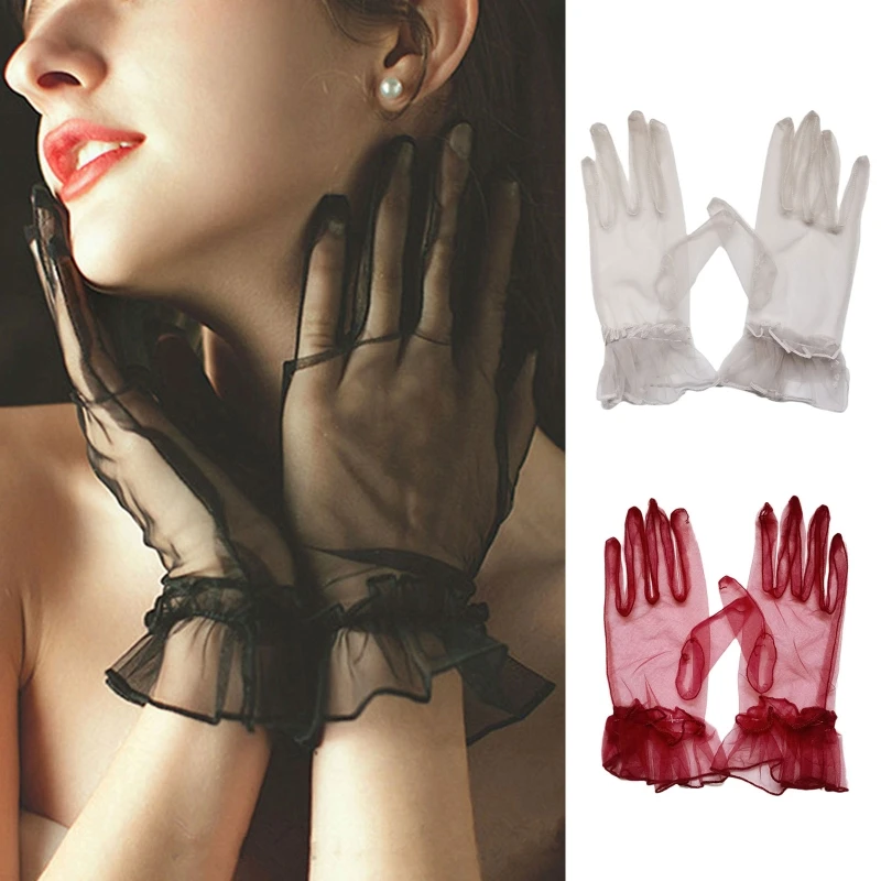 

Delicate Stretchy Lace Gloves Full Finger Gloves Party Gloves Wrist Length Gloves Short Tulle Gloves for Wedding Party