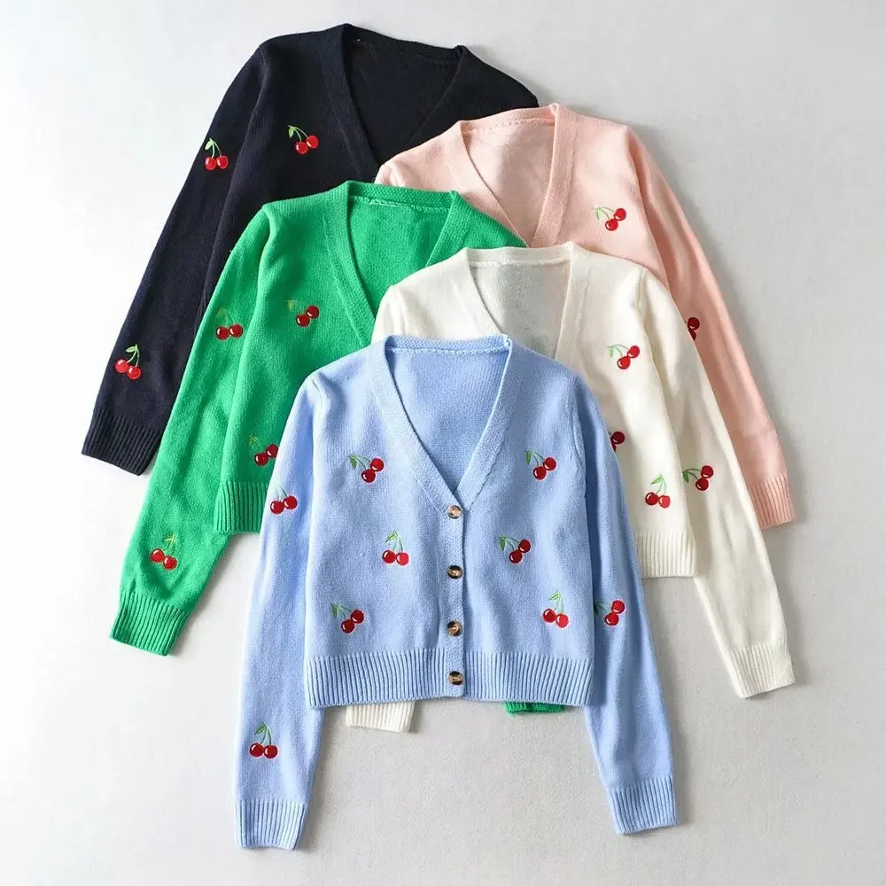 Women Fall Spring Vintage Cherries Sweet Jackets Cardigans Womens V-Neck Long Sleeve Cropped Knitting Coat Embroidery Knitwear elegant thick woolen cropped jackets korean women single breasted warm coat slim round neck cotton padded lined short jaqueta