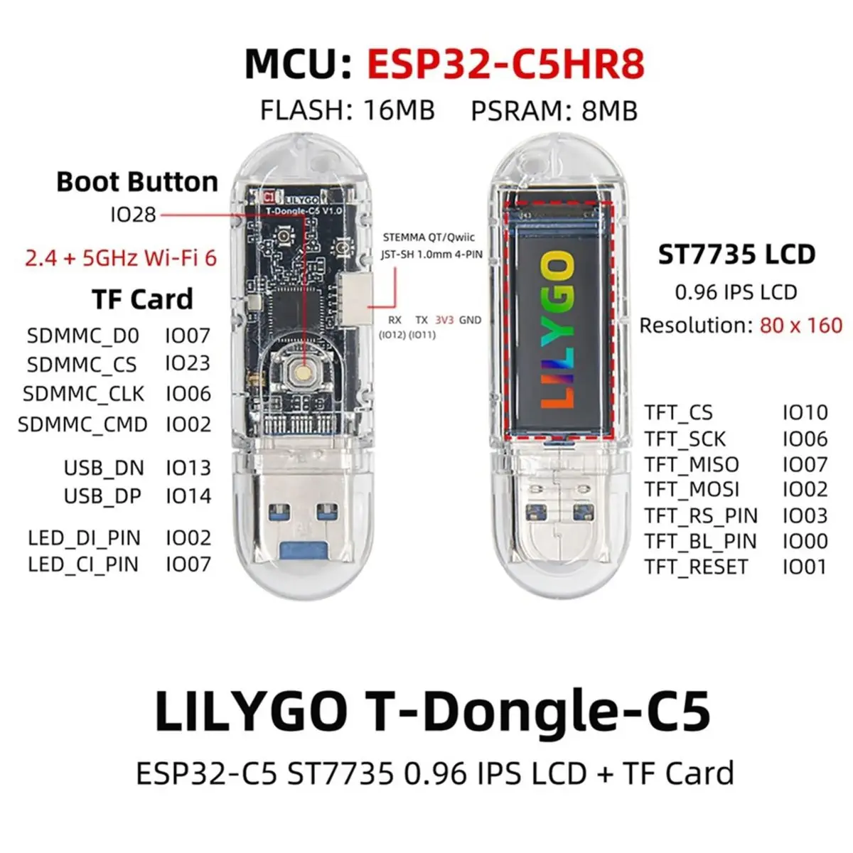 프로모션 LILYGO T-Dongle-C5 ESP-C5HR8 TTGO TF 카드 개발 보드 (0.96인치 ST7735 IPS LCD 포함)