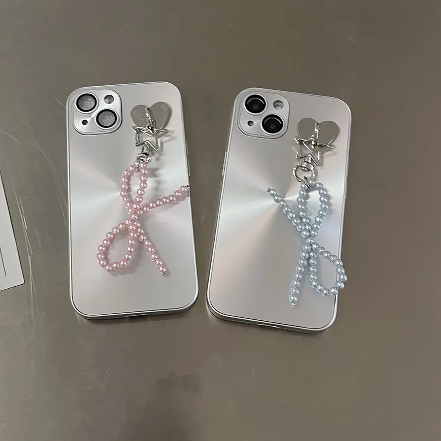

Серебристый чехол с жемчужным бантом и подвеской для iPhone 15 14 13 12 11 Pro Max, чехол для телефона