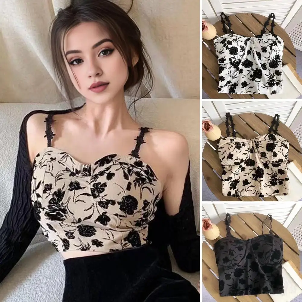 

Women Lace Camisole Floral Print Spaghetti Strap Crop Top with Padded Bust Backless Design Women's Retro Club Party for Beach