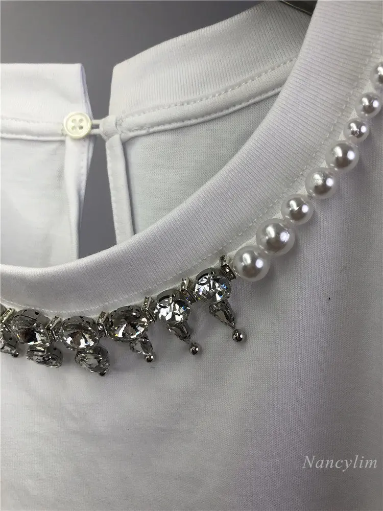 

2023 Spring and Summer White Cotton T-Shirts for Women New Short-Sleeved Pearl Beaded Diamond Round Neck Tee Tops All-Matching