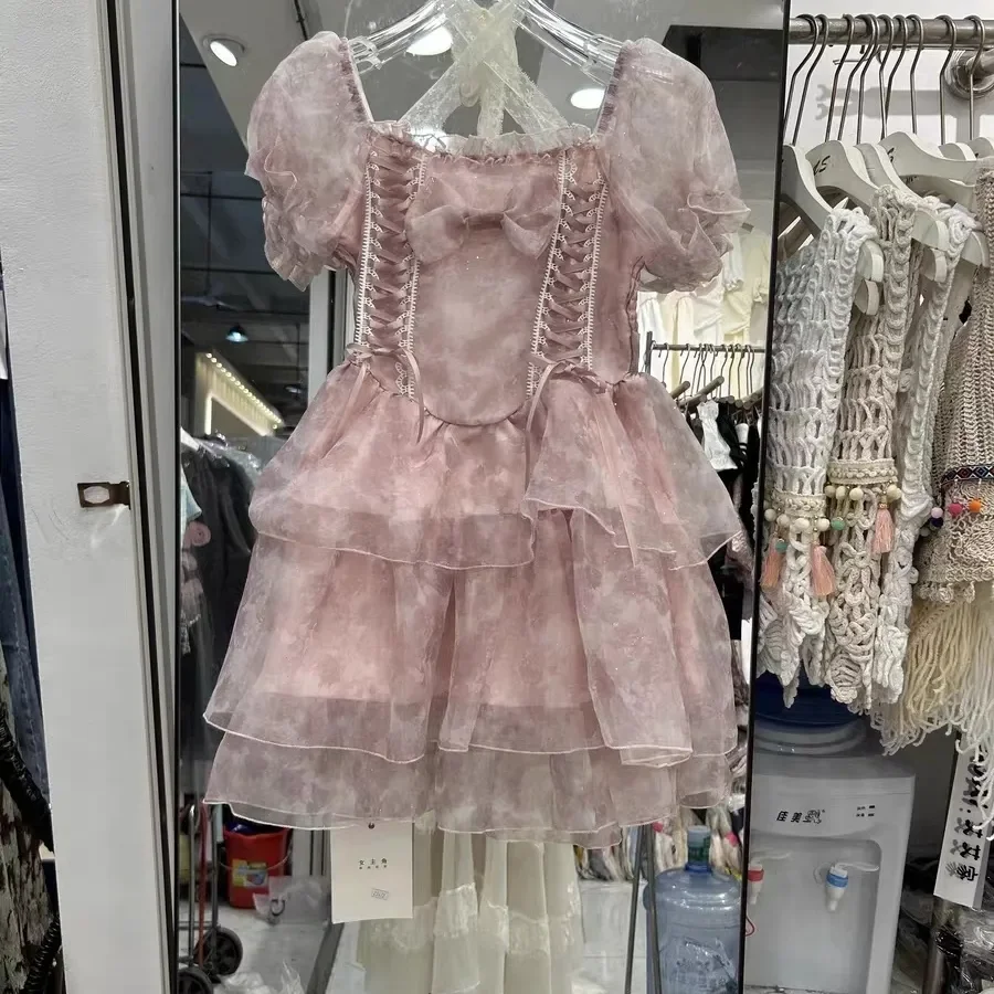 

Y2k винтажное приталенное платье дворцового стиля, кружевное лоскутное платье с квадратным вырезом и коротким рукавом, женское Пышное Платье в стиле "Лолита" с завязками и бантом