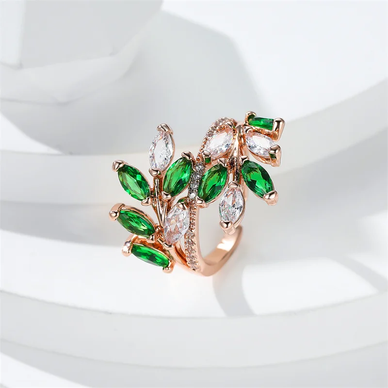 Marquise Cut Multicolor Zircon Leaf Ring in Rose Gold Boho Style