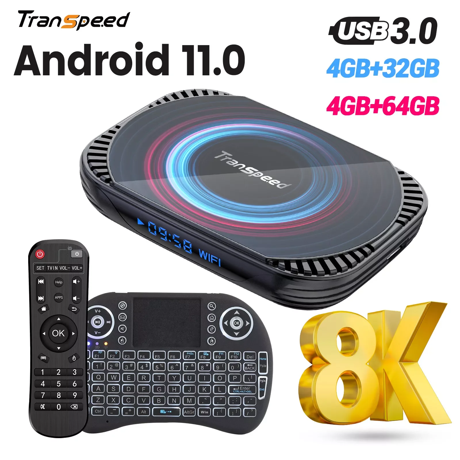 Transpeed Amlogic 3D 미디어 플레이어 셋톱 박스, 안드로이드 11 TV 박스, 음성 듀얼 와이파이, BT4.0