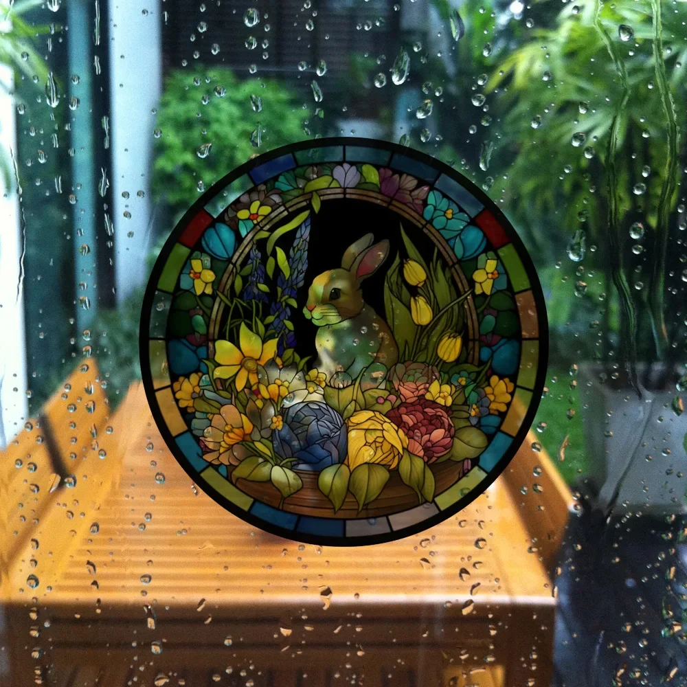 Easter Stained Colorful Rabbit Bunny Flower Plants Static PVC Glass Window Stickers Removable Decorative Film Party Home Decor wall stickers window stickers