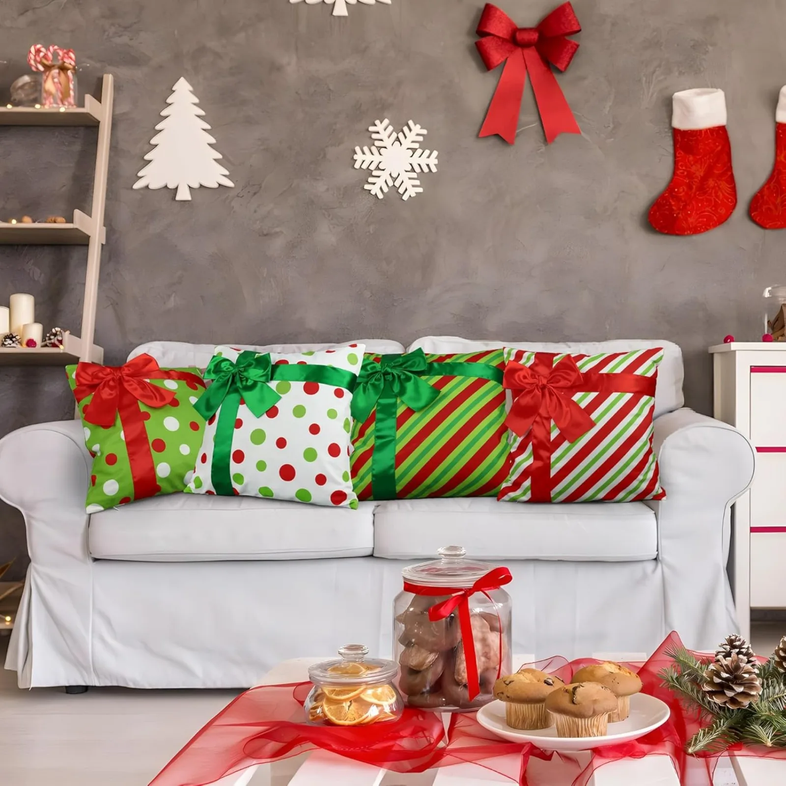 4pcs Christmas Pillow Covers, or Sofa Couch Winter Holiday DecorationBows Throw Pillow Cases, Outdoor Christmas