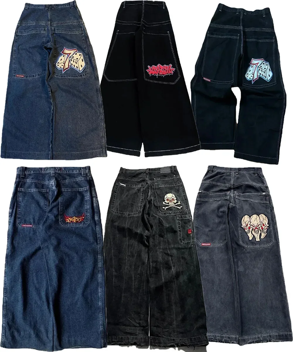 

JNCO Jeans Y2K Harajuku Retro Skull Pattern 2024 Embroidered Loose Jeans Black Pants Men's and Women's Gothic High Waist Pants