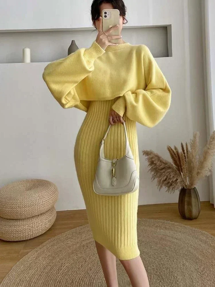 

Two Piece Sets Womens Outifits Autumn/winter Solid Knitted Sweater Pullover Two-piece Dress Sets Women's Clothing Women's Suit