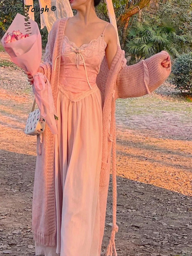 

Floral Vintage Elegant Strap Dress Women Lace France Sexy Evening Party Long Dresses Pink Sweet Princess Fairy Dress Summer 2022