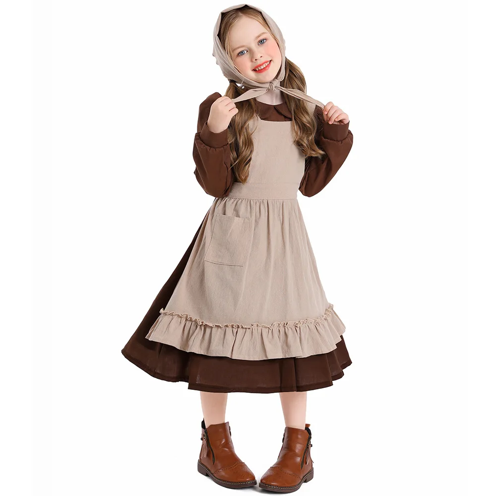 French estate maid Halloween brown dress apron Costume Middle Rural Farm Maid Civilian set for girls cosplay costume halloween dress outfit