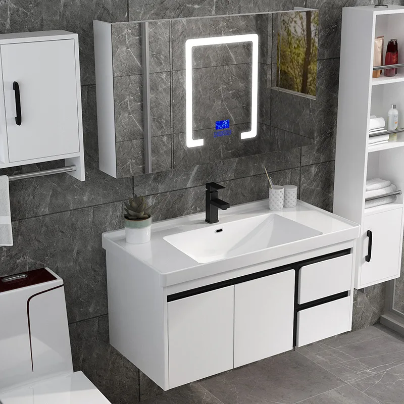 European White Modern Mirror Cabinet Vanity Toilet Furniture Bathroom Cabinet With Ceramic Wash Sink