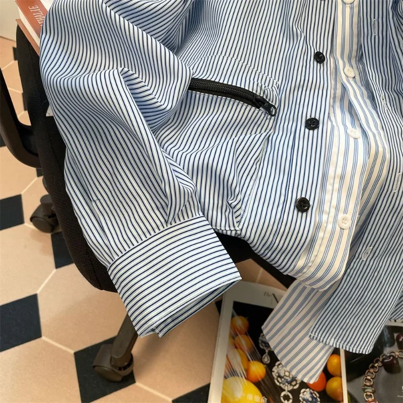 2024 Spring  Autumn Design Fake Two Piece Striped Hong Kong Style Workwear Raspy and Handsome Long Sleeve Trendy Men's Shirt