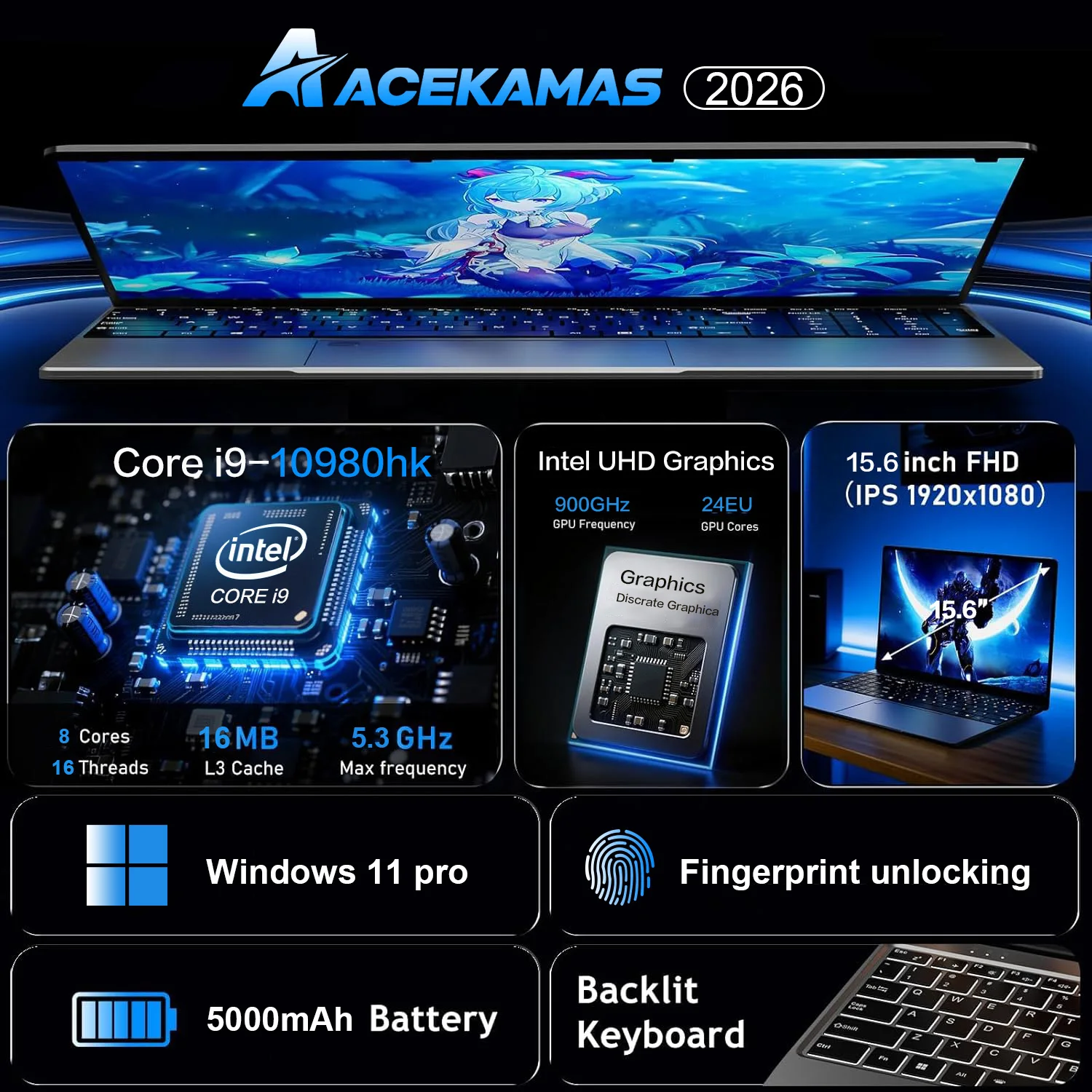 2026 15.6인치 게이밍 노트북 인텔 코어 i9-10980HK 16GB DDR4 1TB SSD 윈도우 IPS 1920x1080 지문인식 노트북 컴퓨터 PC