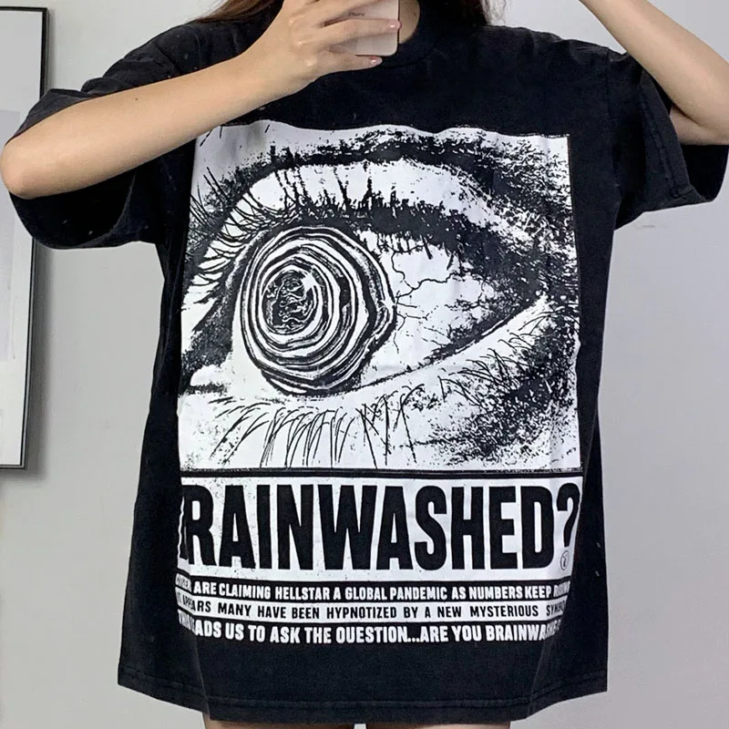 

2023SS Hellstar Vintage Wash T-shirt Black Pupil Letter Print Round Neck High Street Cotton Couple Top Short Sleeve