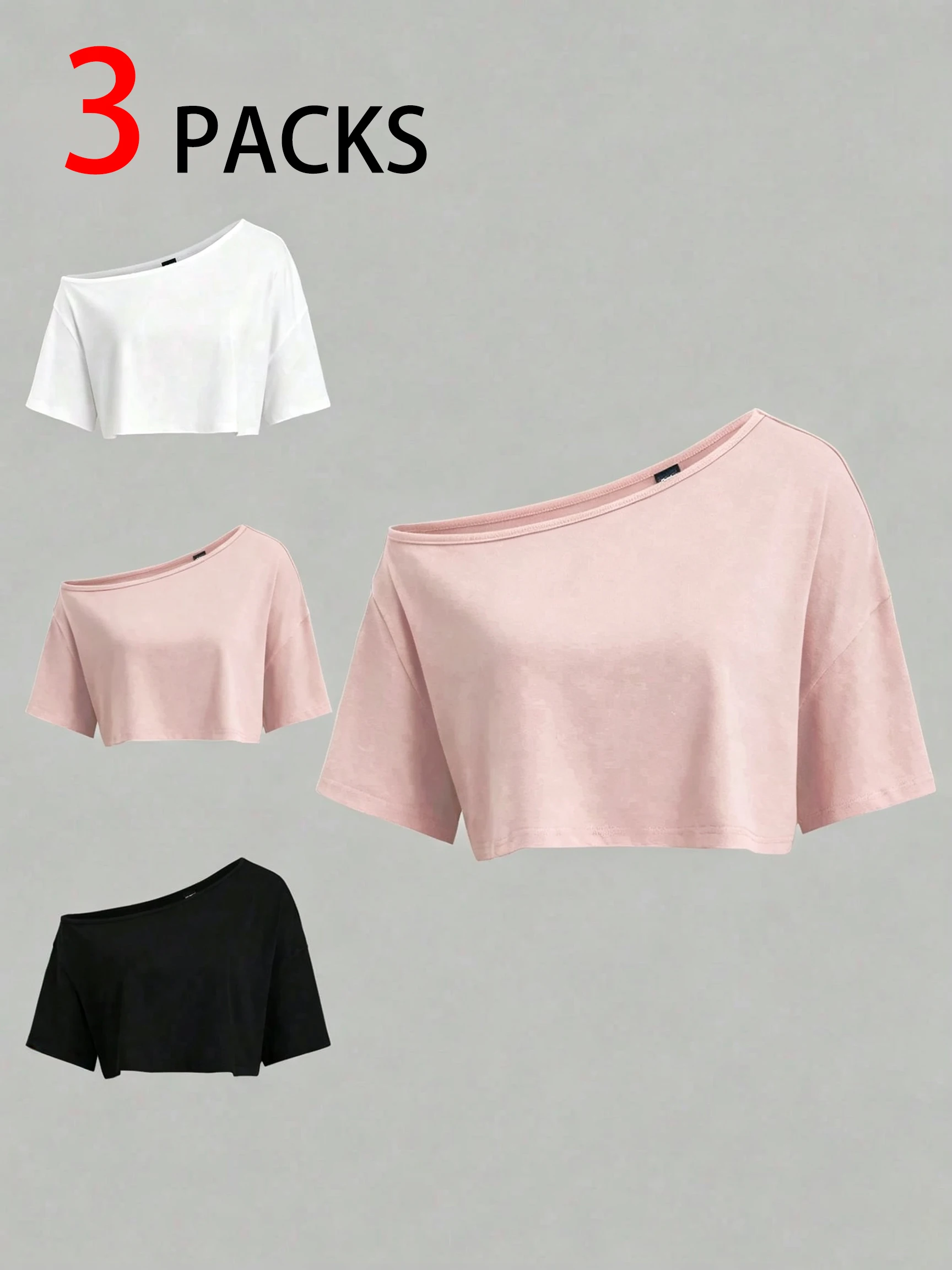 3-teiliges Set Damen Off-Shoulder Lose Kurzarm Crop-T-Shirt Y2K Basic Lässige Tägliche Streetwear Crop-Tops