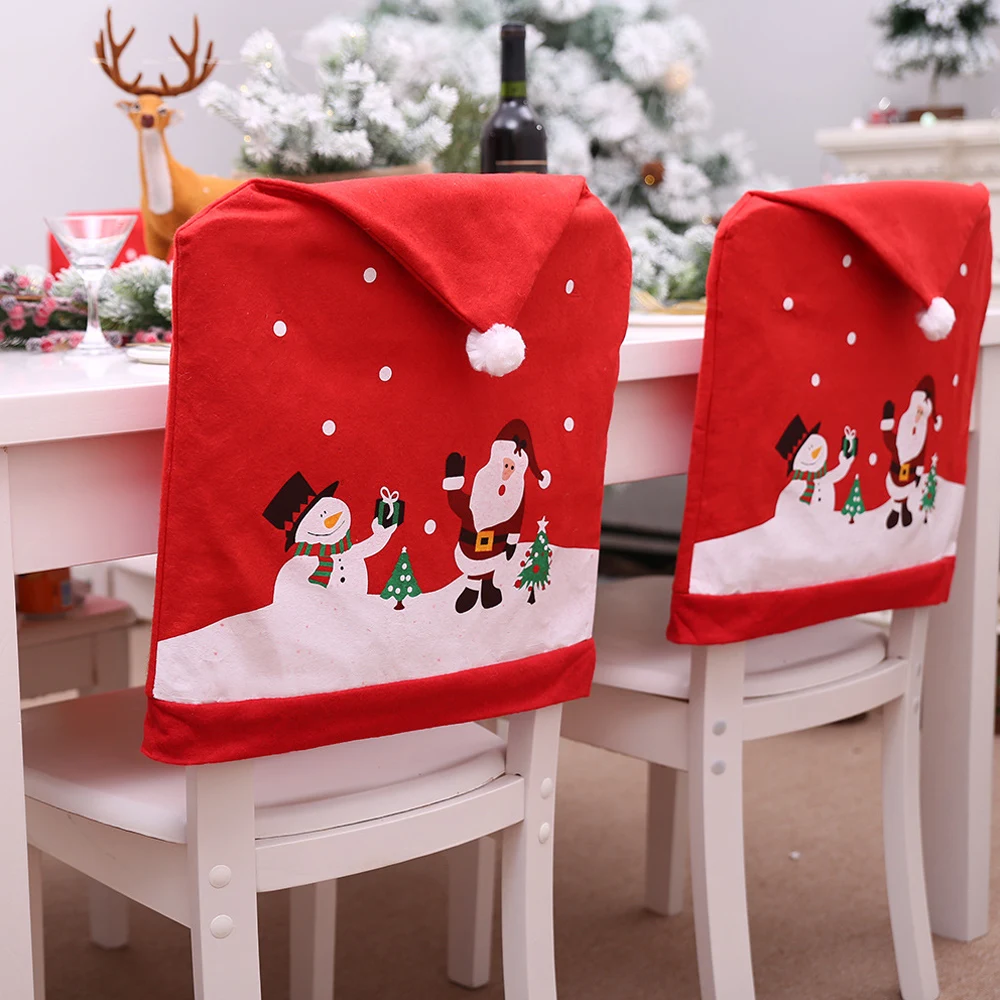 

Christmas Chair Cover Santa Claus Snowman Printing Dinner Table Party Hat Chair Back Covers Dining Chair Covers Decor For Home