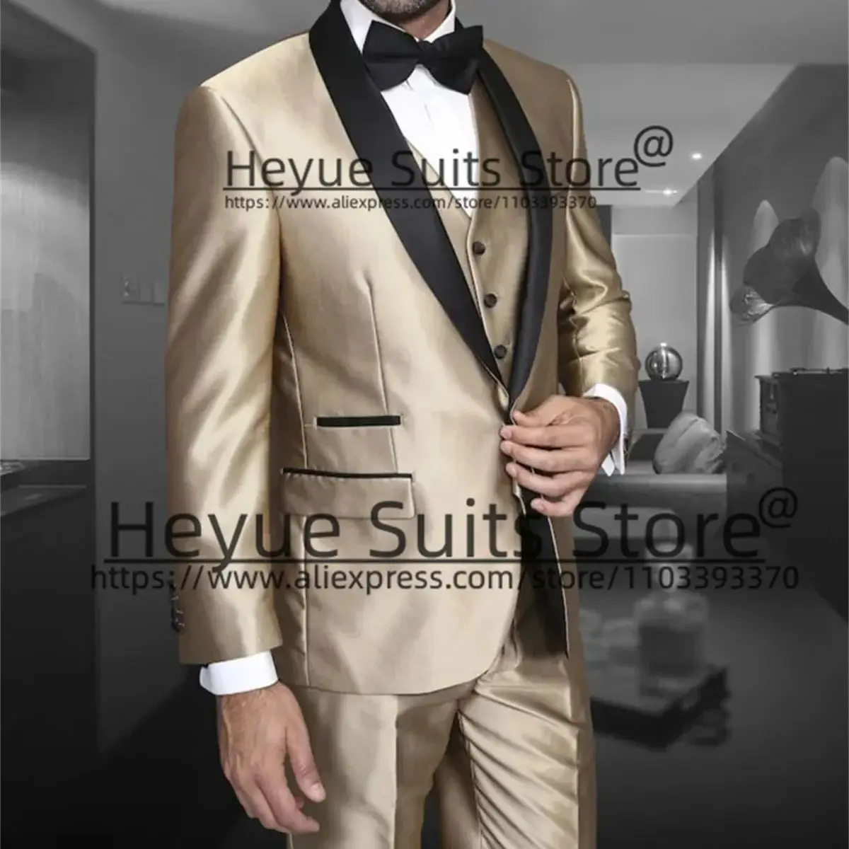 Fashion Champagne Elegant Men Suits Slim Fit Black Shawl Lapel Groom Tuxedos 3 Pieces Sets Business Male Blazer Costume Homme