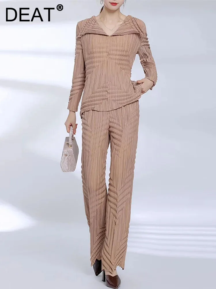 

DEAT Pleated Women Pants Sets Lapel Full Sleeve Top + Loose Trousers Office Lady New 2024 Spring Solid Color Female 15KB5541