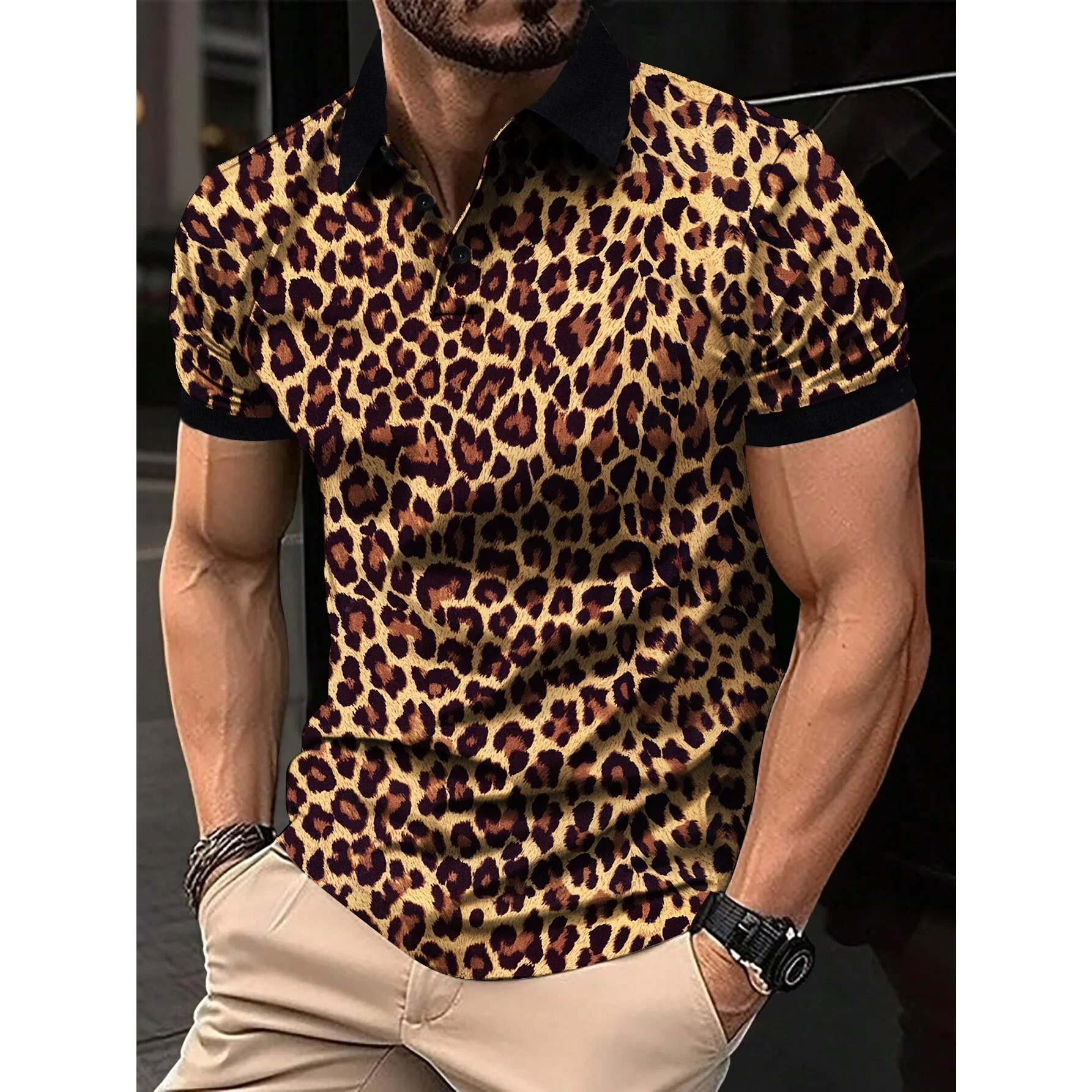 1pc Men's Fashion Leopard Print Short Sleeve Breathable Lapel T-shirt