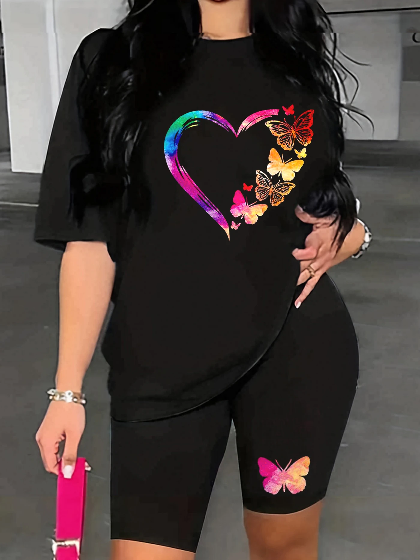 나비 프린트 투피스 세트, 반팔 크루넥 캐주얼 티셔츠 및 반바지, 여름 및 용수..